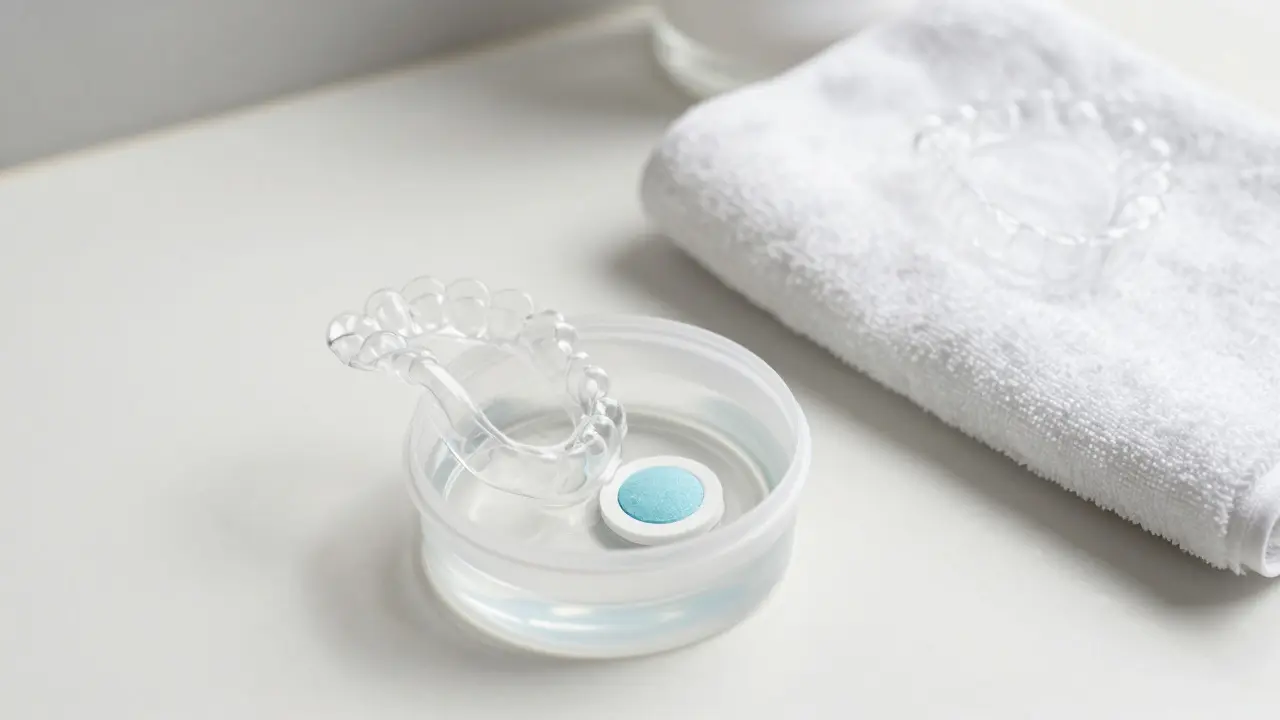 Neviditelné rovnátka ponořená v čisticí roztok s tabletou, vysychají na ručníku.