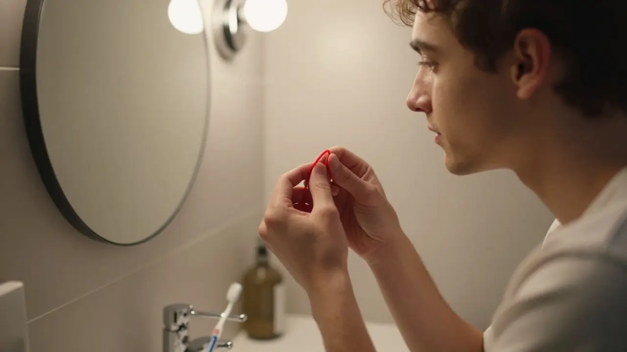 Pacient si v koupelně před zrcadlem mění elastické gumičky.