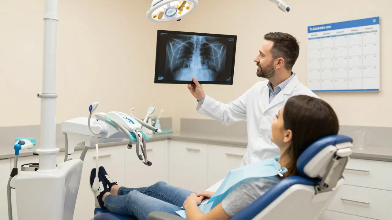 Pacient v klinice si nechává kontrolovat zuby, na stěně je rentgenový snímek a kalendář s návštěvami.