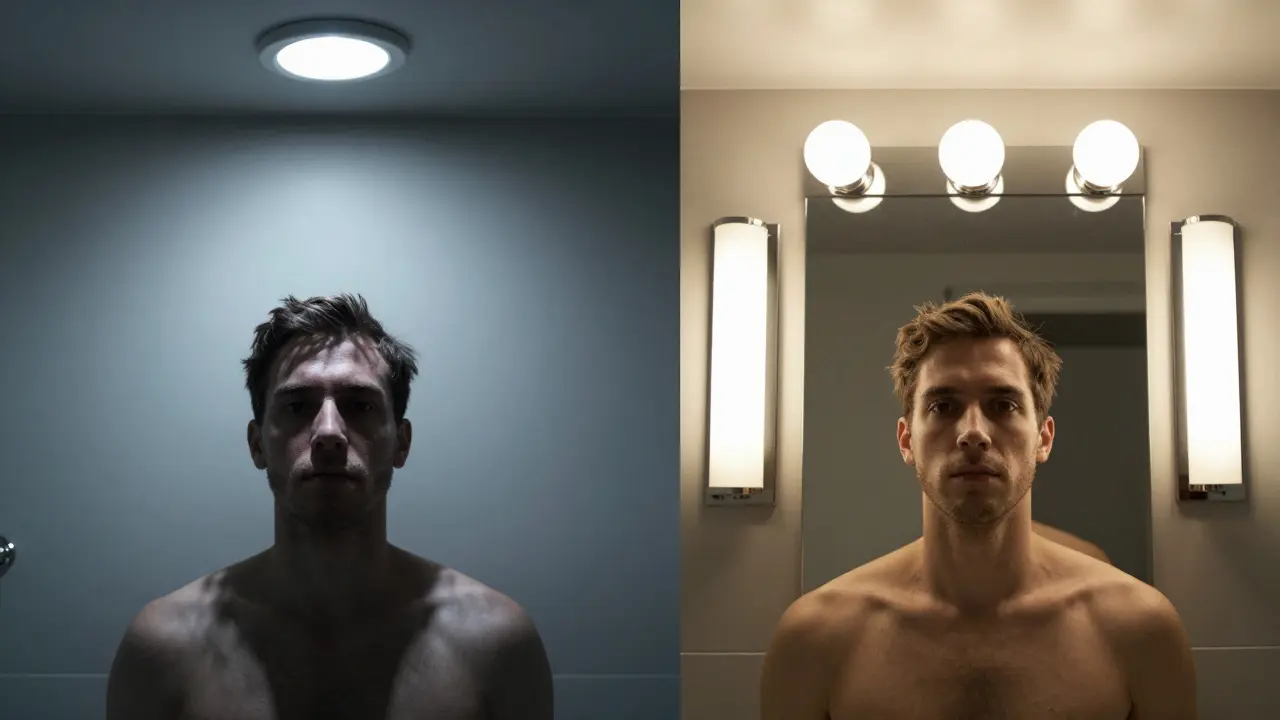 Porovnání špatného a správného osvětlení zrcadla