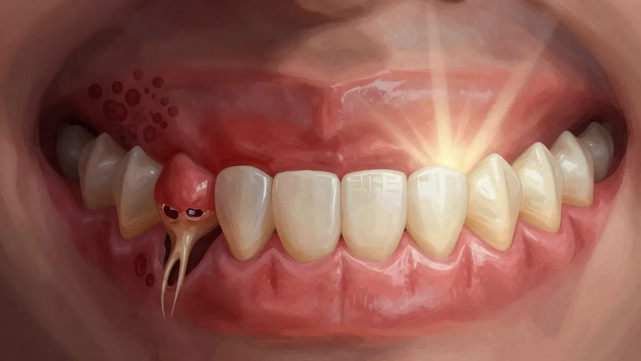 Porovnání zdravých a nemocných dásní: na jedné straně zánětlivé, krvácivé dásně s kamenem, na druhé čisté a růžové dásně.