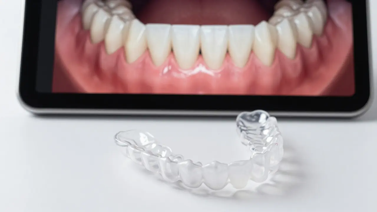 Průhledná dentální rovnátka na bílé ploše s 3D obrazem úpravy zubů na pozadí.