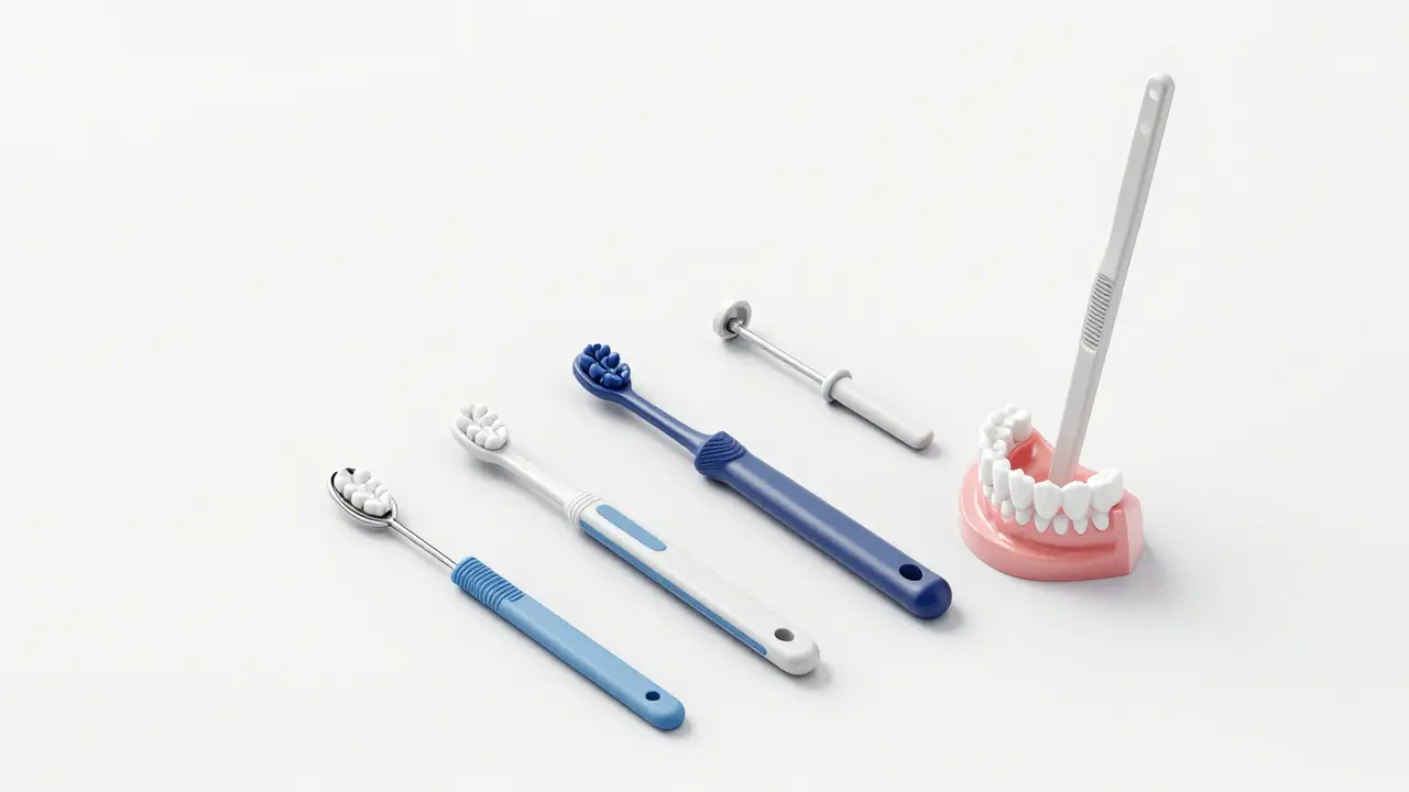 Různé velikosti mezizubních kartáčků na bílém pozadí.