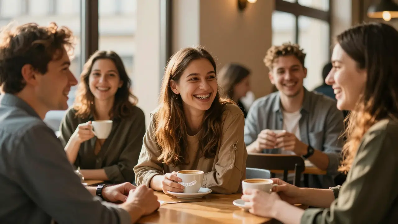 Skupina dospělých veselo směje v kavárně, bez viditelných rovnátek, s náznakem skrytého léčení.