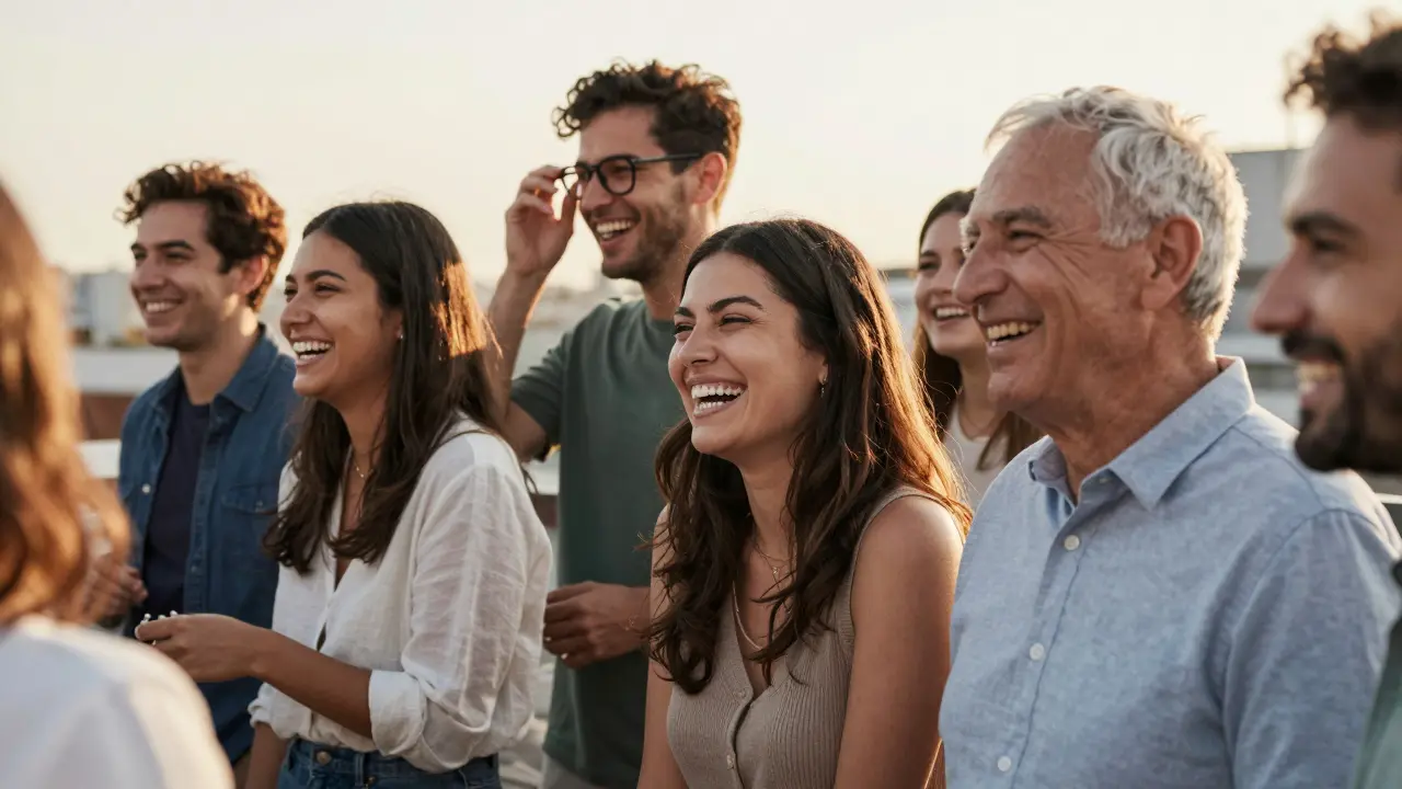 Skupina lidí se směje na terase s přirozenými, přirozeně vypadajícími úsměvy.