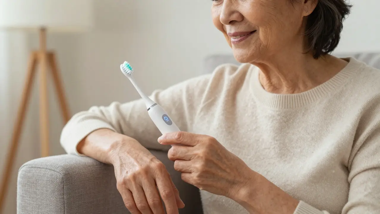 Starší žena používá ultrazvukový čistič zubů v jemném režimu s automatickým senzorem.