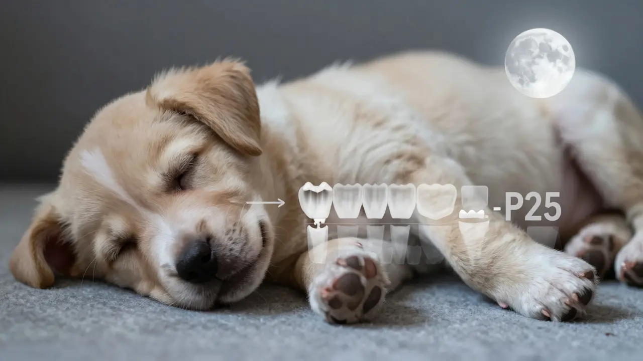 Štěně ve spánku s přehledem vývoje zubů, kde P1 chybí v dospělé čelisti.