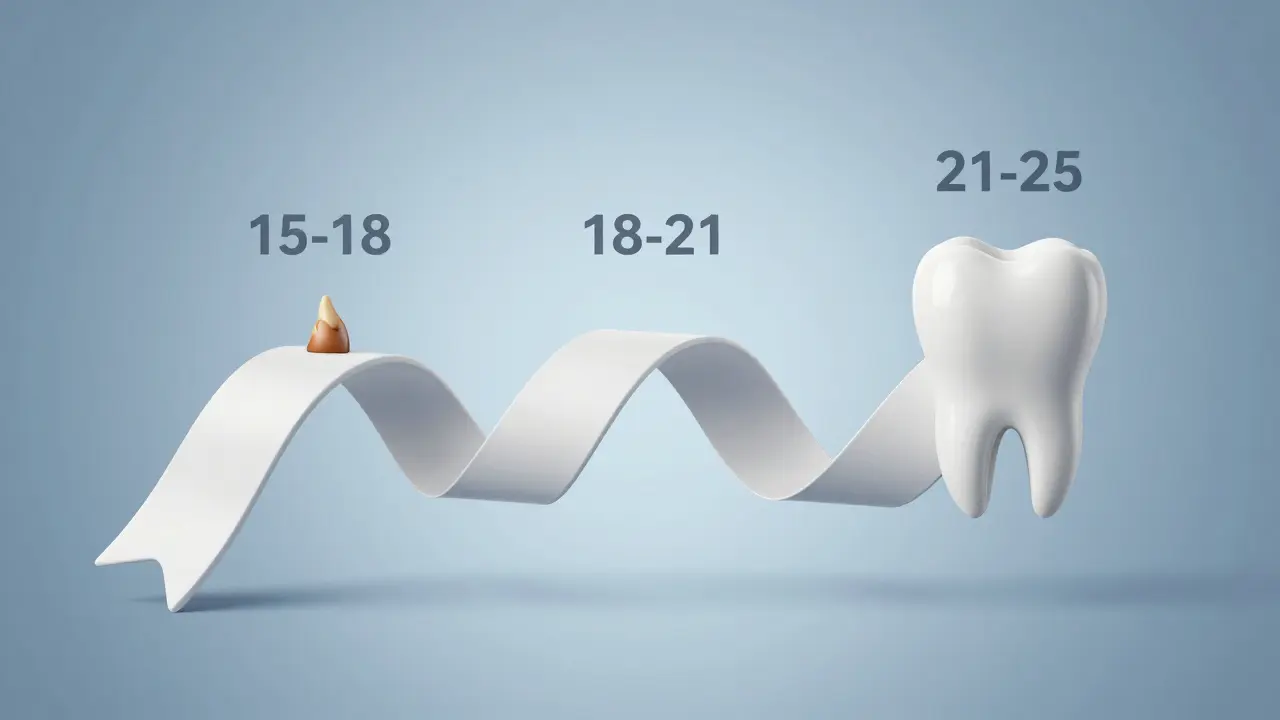 Three timelines illustrating stages of wisdom tooth development from hidden to erupted or buried.