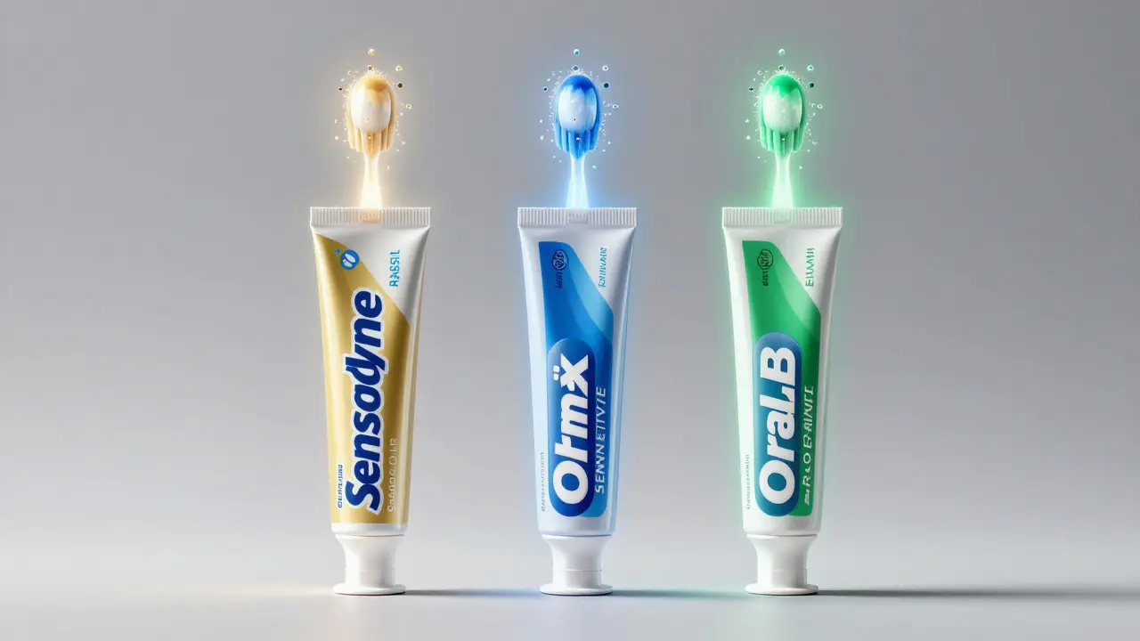 Tři značky pasty na citlivé zuby s vizuálními reprezentacemi jejich účinných látek.