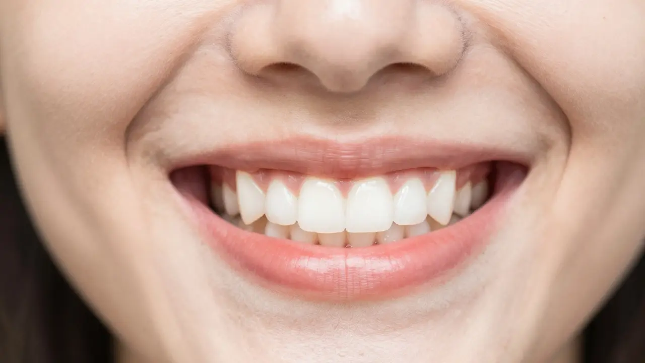 Úsměv zdravých zubů a dásní po důkladném čištění.