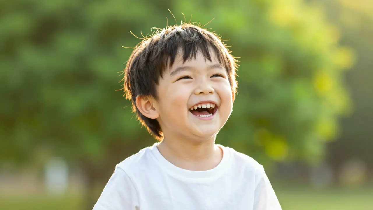 Usměvavé dítě s čistými zuby na slunci.