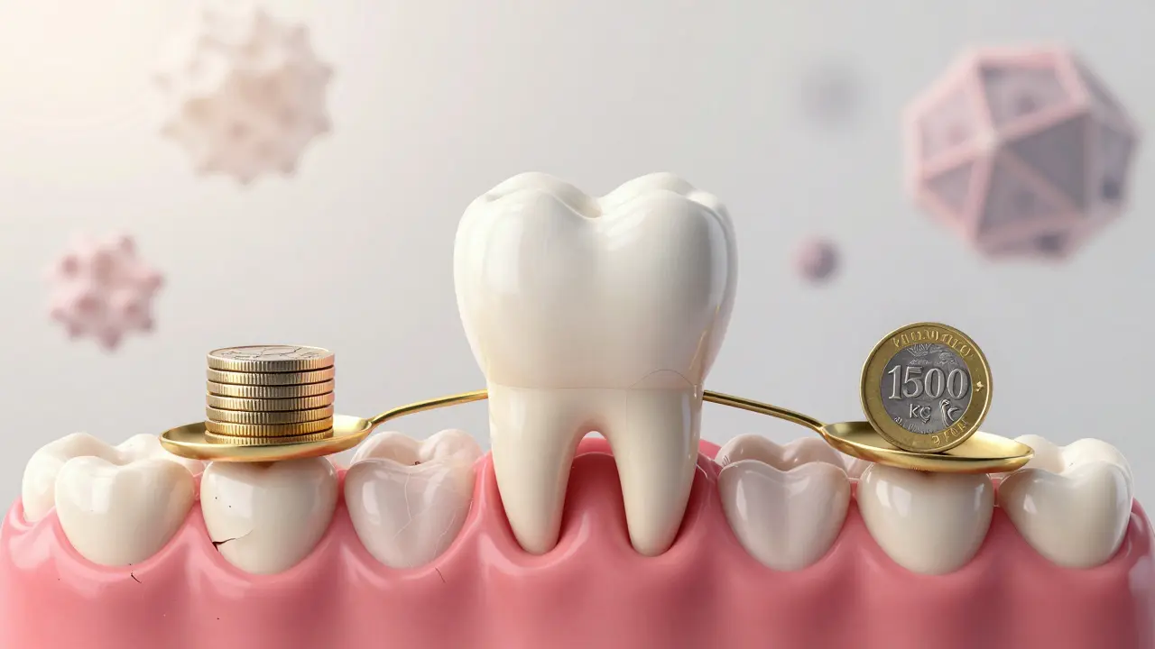 Zdravý zub s růžovými dásněmi a zlatou váhou, která porovnává prevenci s náklady na ztrátu zubu.