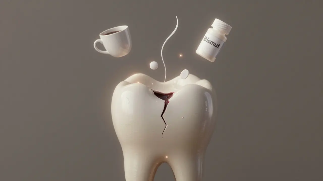 Zub s vnitřním kazem a symboly příčin černých skvrn: káva, lék, nit.