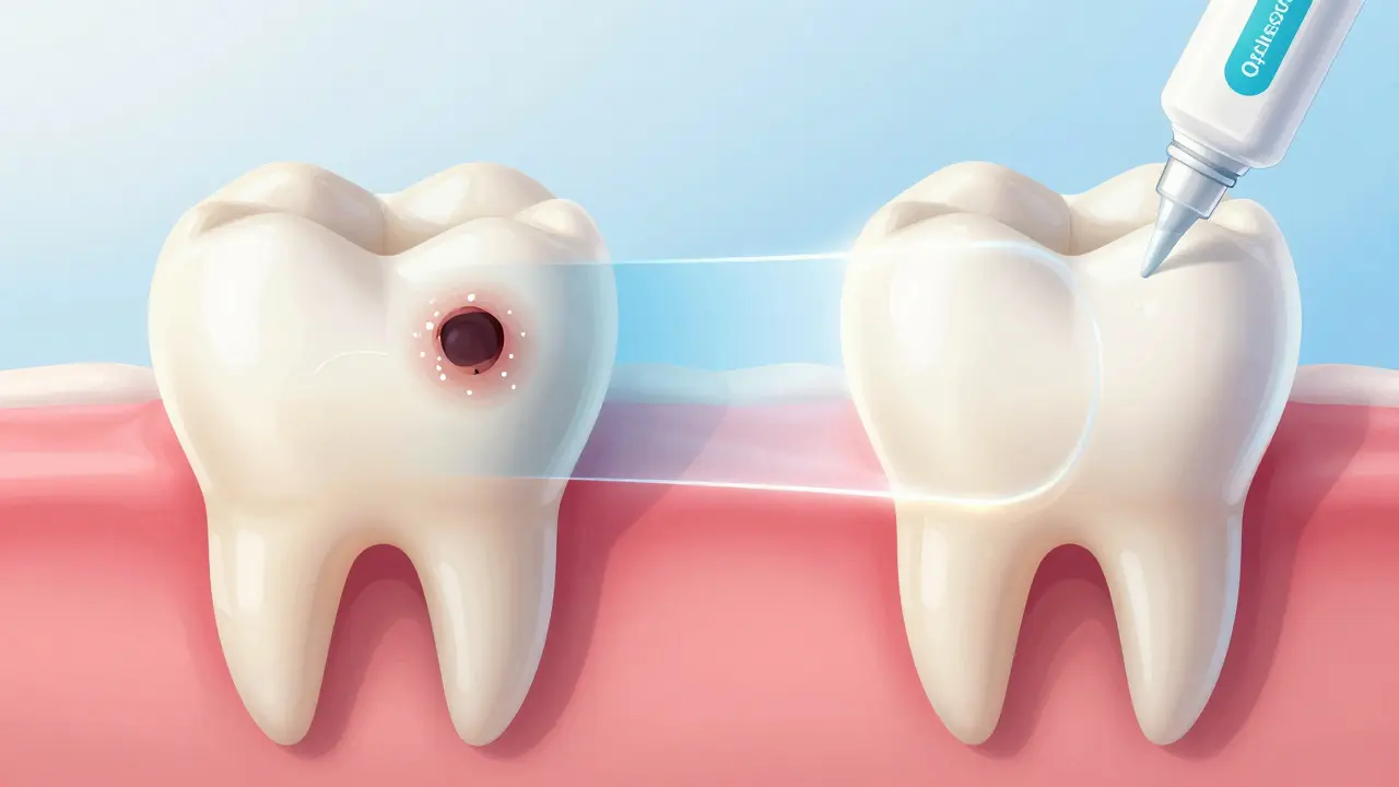 Zub se mění od začínající karies k silné, remineralizované sklovince díky fluoridu.