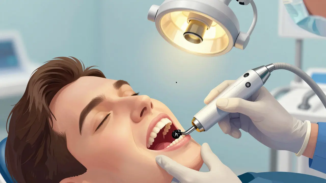 Zubař odstraňuje černý zubní kámen ultrazvukovým čištěním.