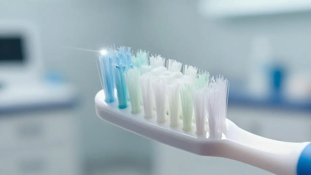 Zvětšený pohled na štětiny Curaprox kartáčku, které jemně obklopují zubní povrch.