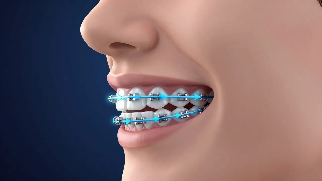 3D ilustrace čelistí s rovnátky a šipkami znázornující tlak elastických gumiček.