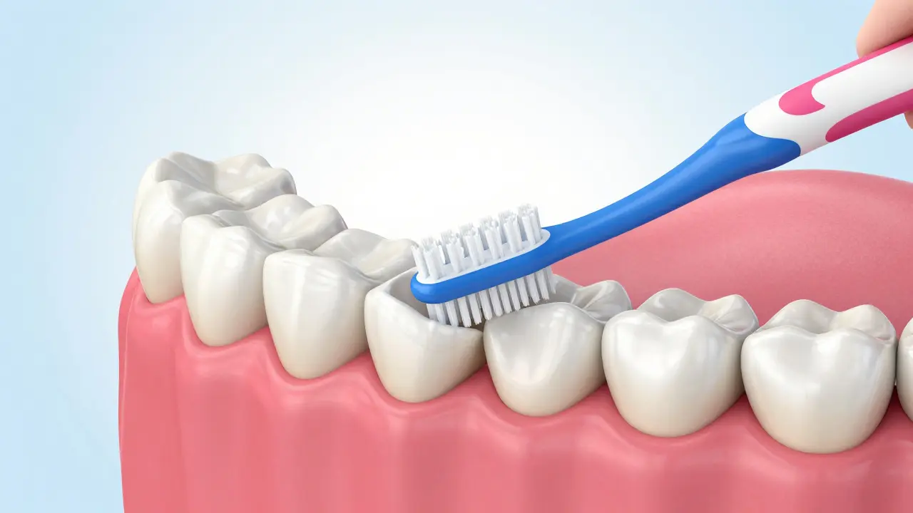 3D ilustrace mezizubního kartáčku čistícího prostor mezi zuby v čelistním oblouku.
