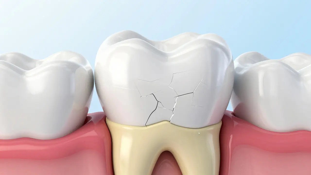 3D ilustrace průřezu zubu s mikroprasklinami v zubní sklovině.