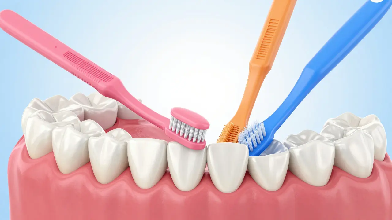 3D ilustrace ukazující výběr správné velikosti mezizubního kartáčku pro různé mezery.