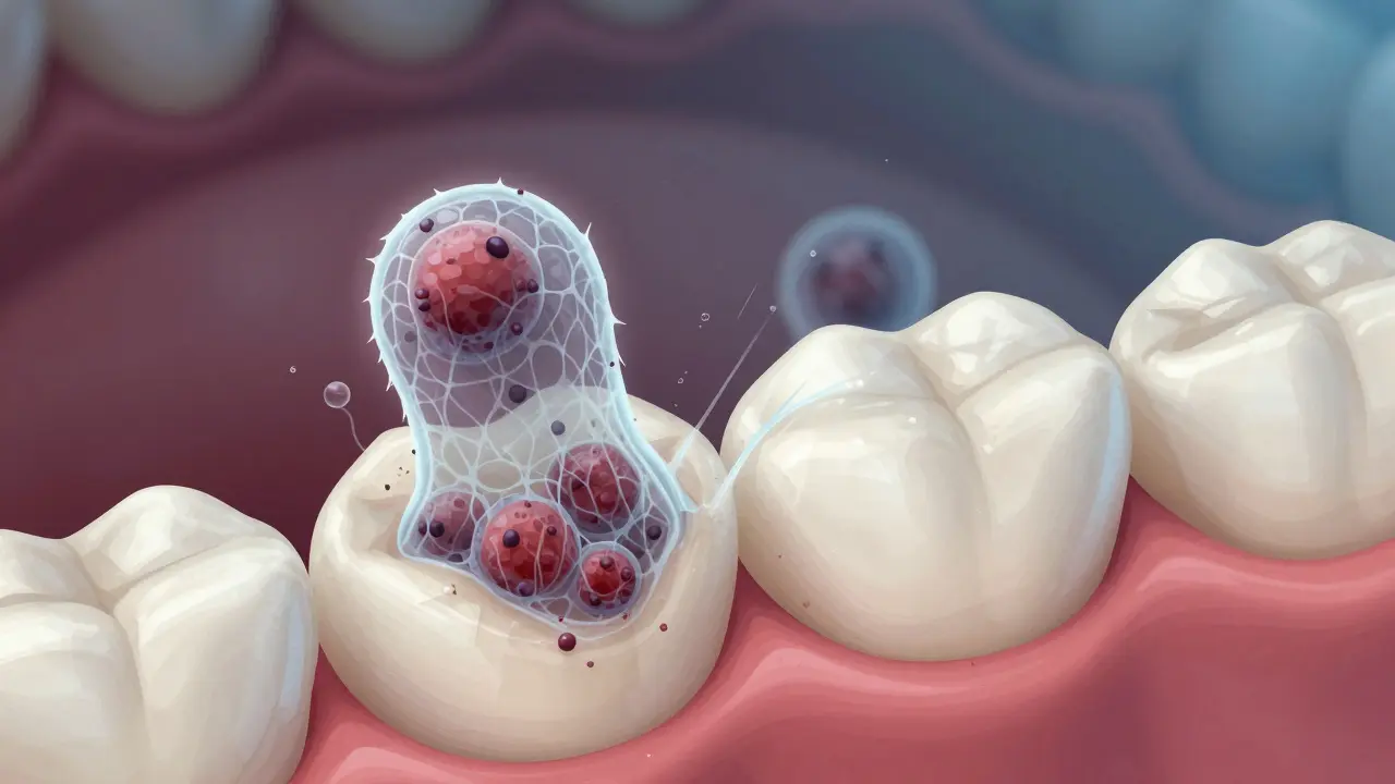 Abstraktní vizualizace odstranění biofilmu a plaku ze zuby pro prevenci kazu.
