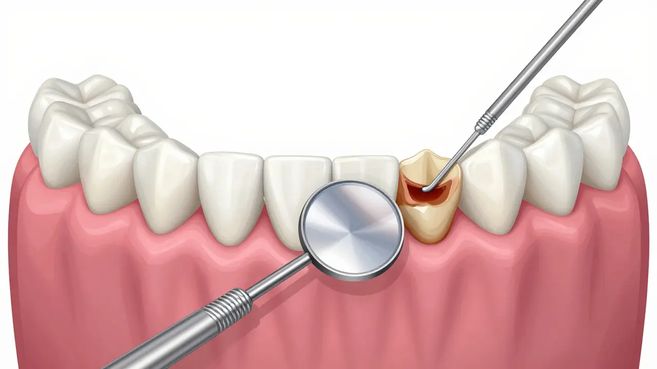 Ilustrace zrcátka odhalující skrytý kaz mezi dvěma zuby.