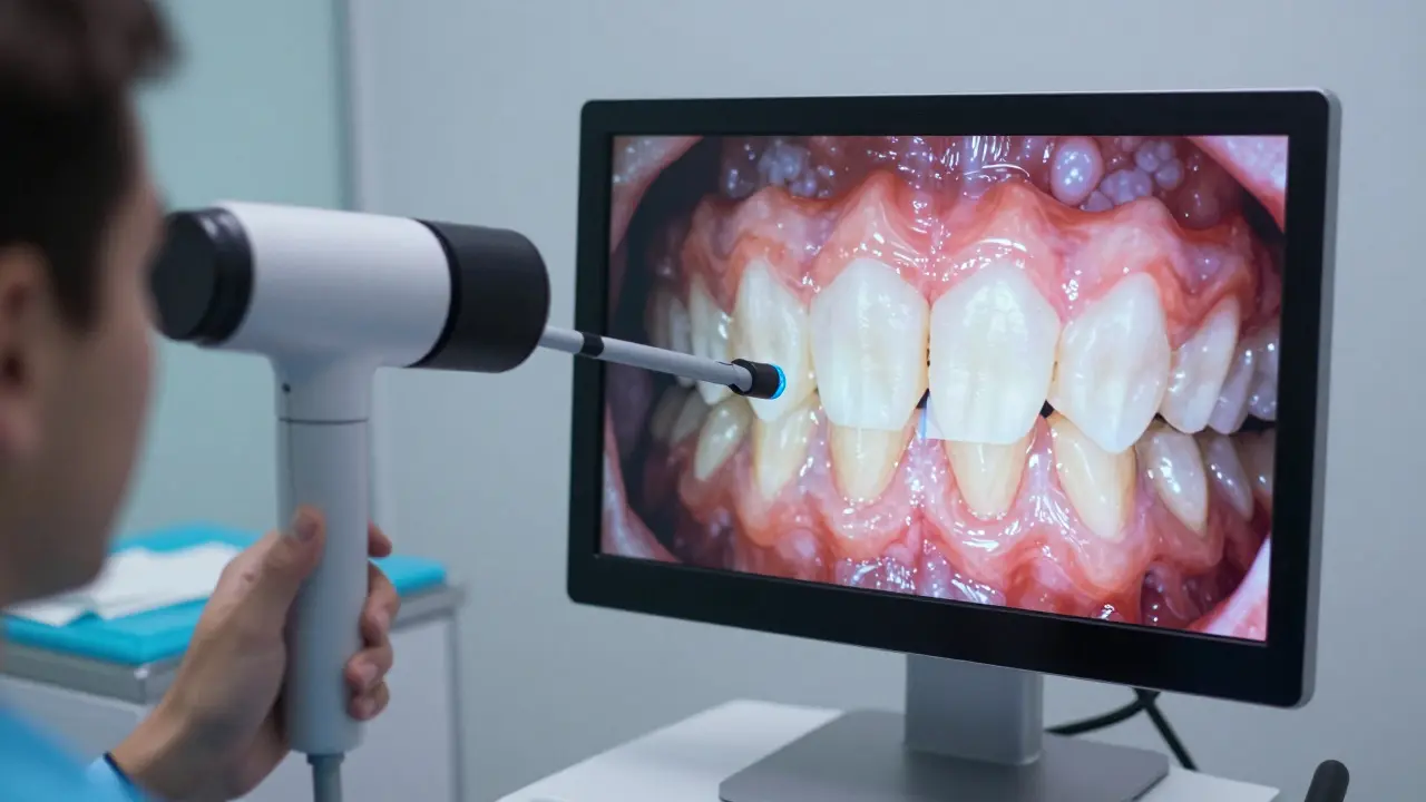 Intraorální kamera zobrazující detail zubu na monitoru v ordinaci.