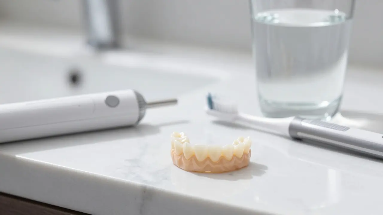 Keramické korunky z zirkonia vedle moderního sonického kartáčku.