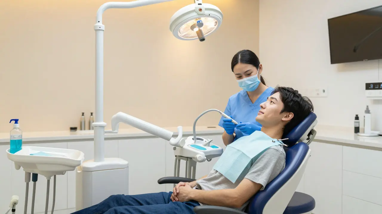 Klidná atmosféra zubní ordinace s pacientem čekajícím na profesionální čištění.