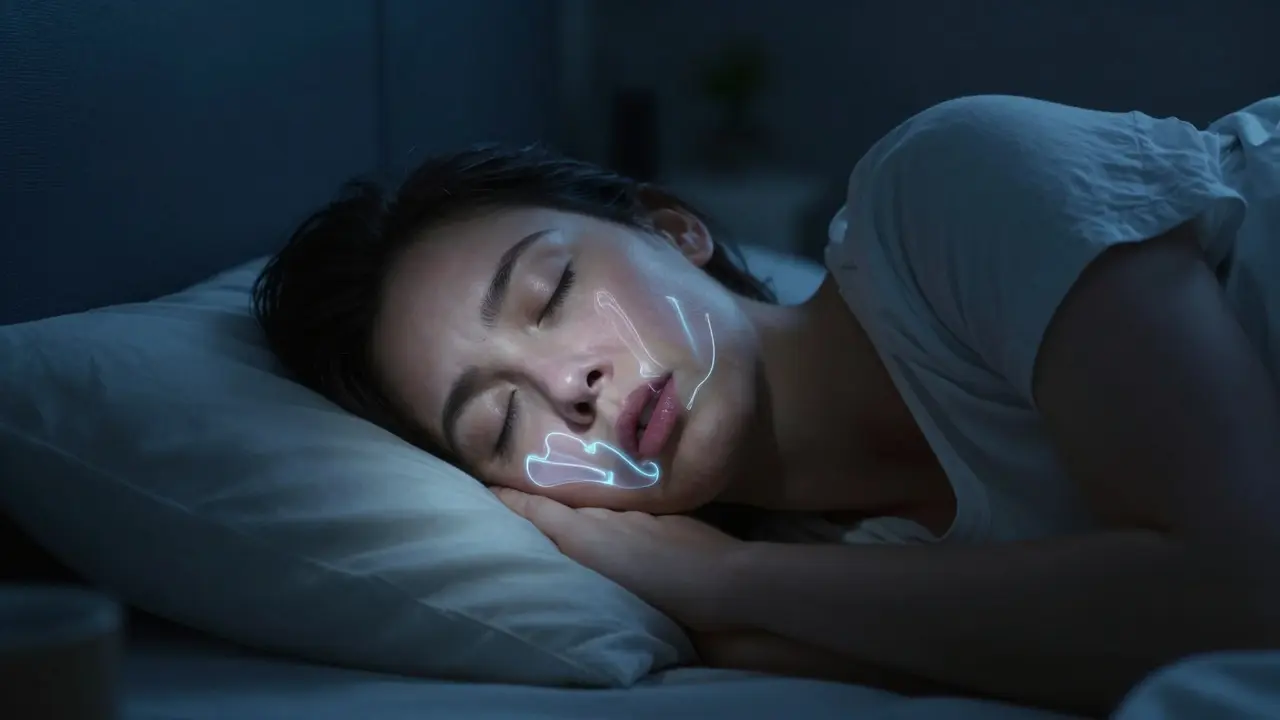 Klidně spící osoba s vizuálním znázorněním otevřených dýchacích cest během spánku.