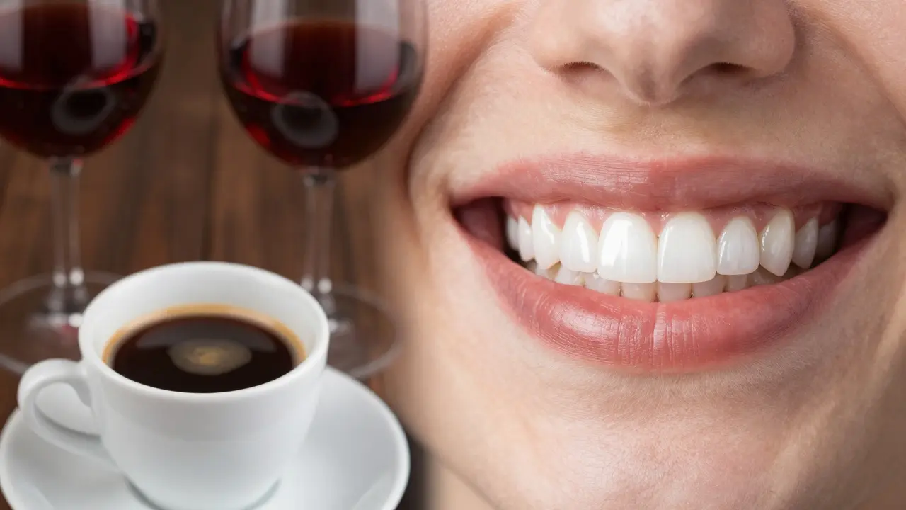 Kolaž znázornující kávu, červené víno a zářivý úsměv symbolizující údržbu faset.