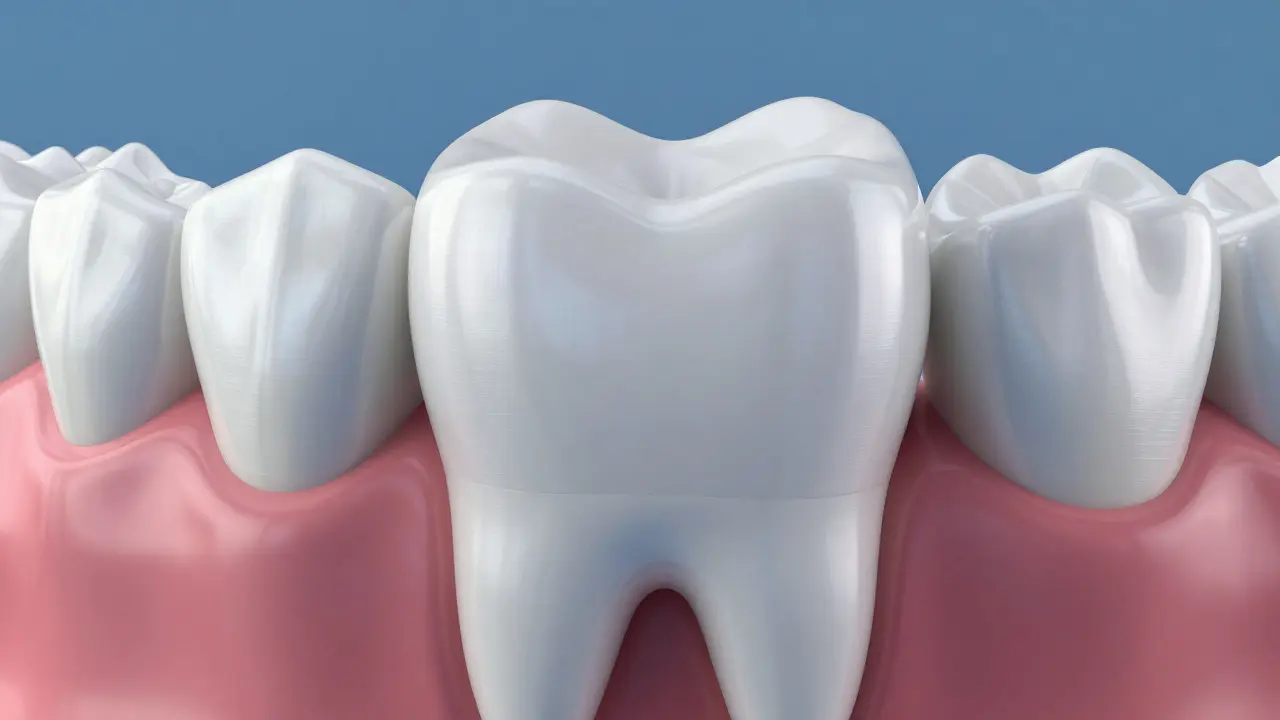 Konceptuální 3D model zubní korunky jako ochranný krunýř nad zubem.