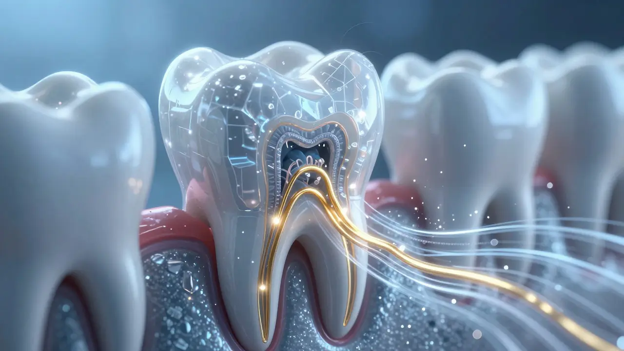 Konceptuální ilustrace citlivosti zubů a otevřených dentinových tubulí.