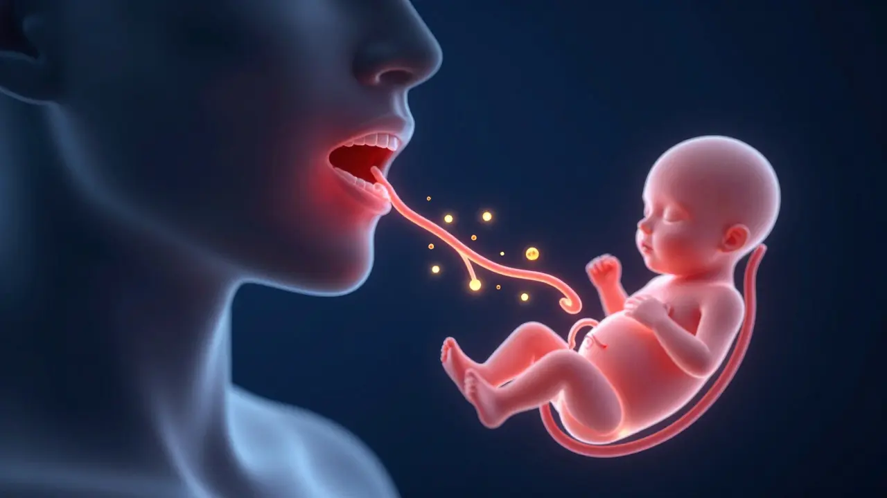 Konceptuální ilustrace přenosu zánětlivých látek z dásní do krevního oběhu k plodu.