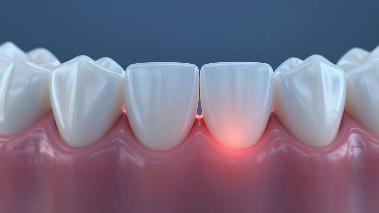 Konceptuální znázornění zánětu dásní a hromadění bakterií pod špatně sedícími krytkami.