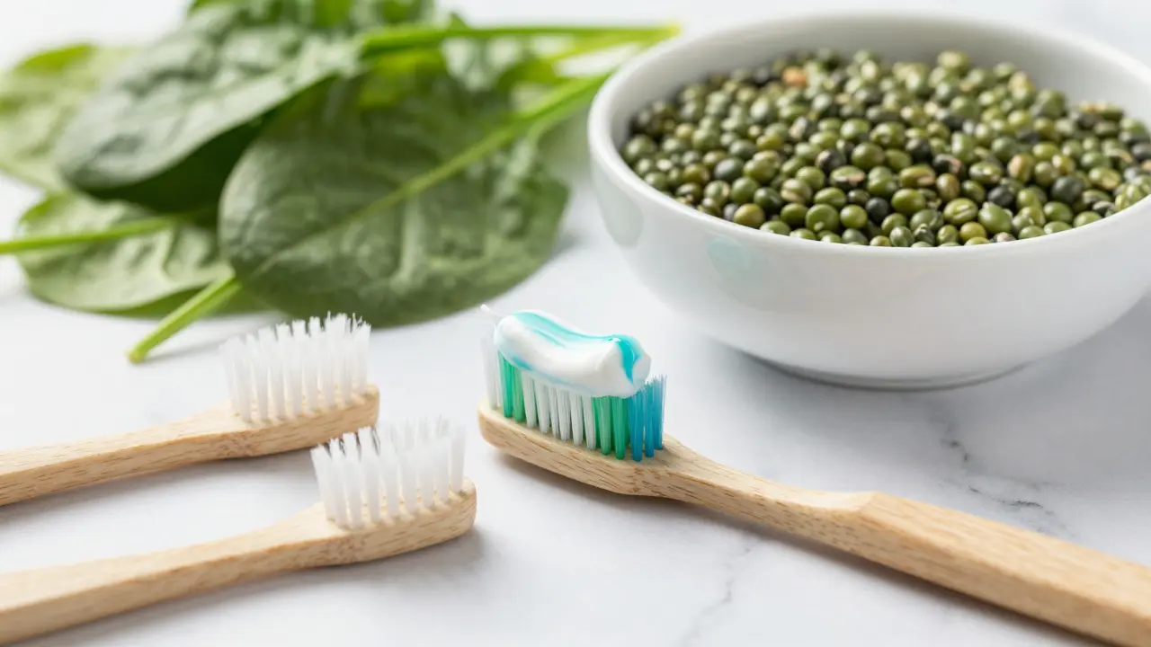 Koupelnové pomůcky pro dentální hygienu a potraviny bohaté na železo.