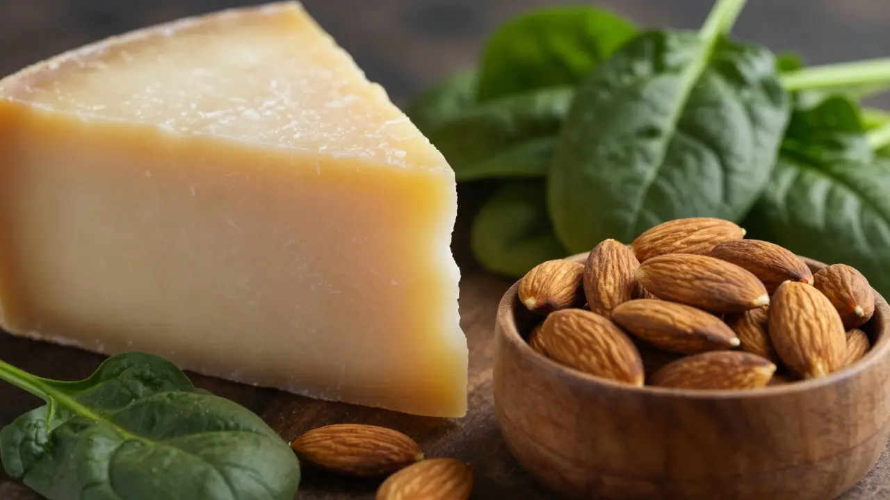 Kousek tvrdého sýra, mandle a listový špenát na neutrálním pozadí.