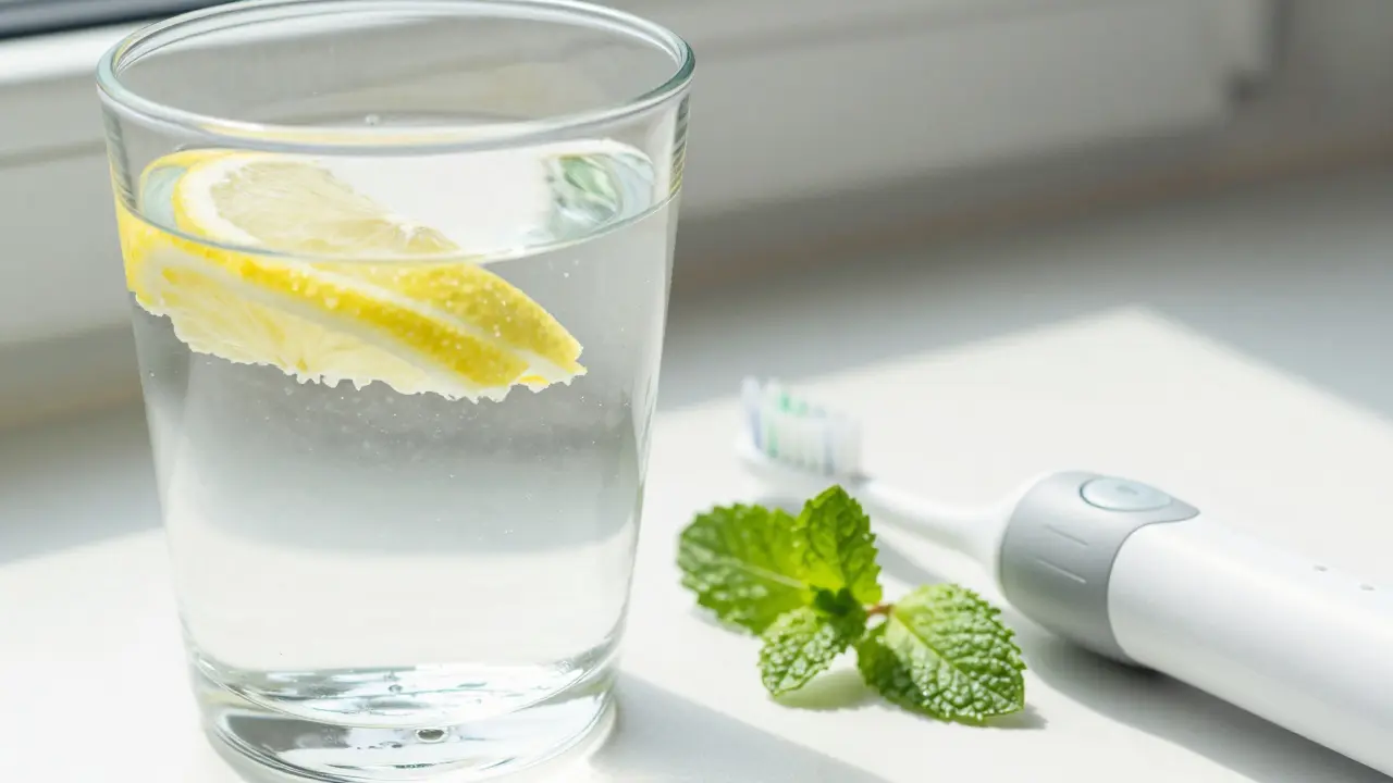 Křemíková sonická kartáček a sklenice vody znázorňující péči o sucho v ústech.