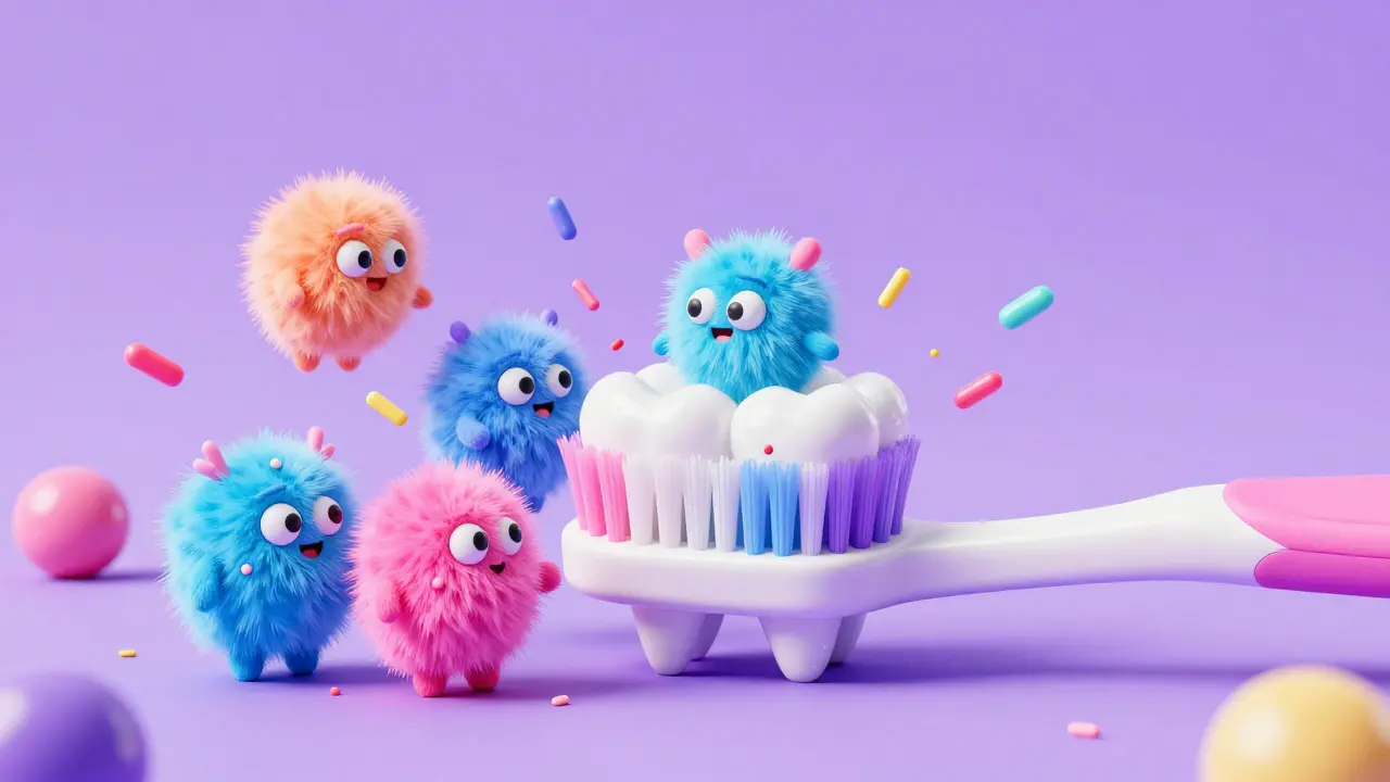 Kresba představující hravý boj s barevnými cukrovými monstry v ústech.