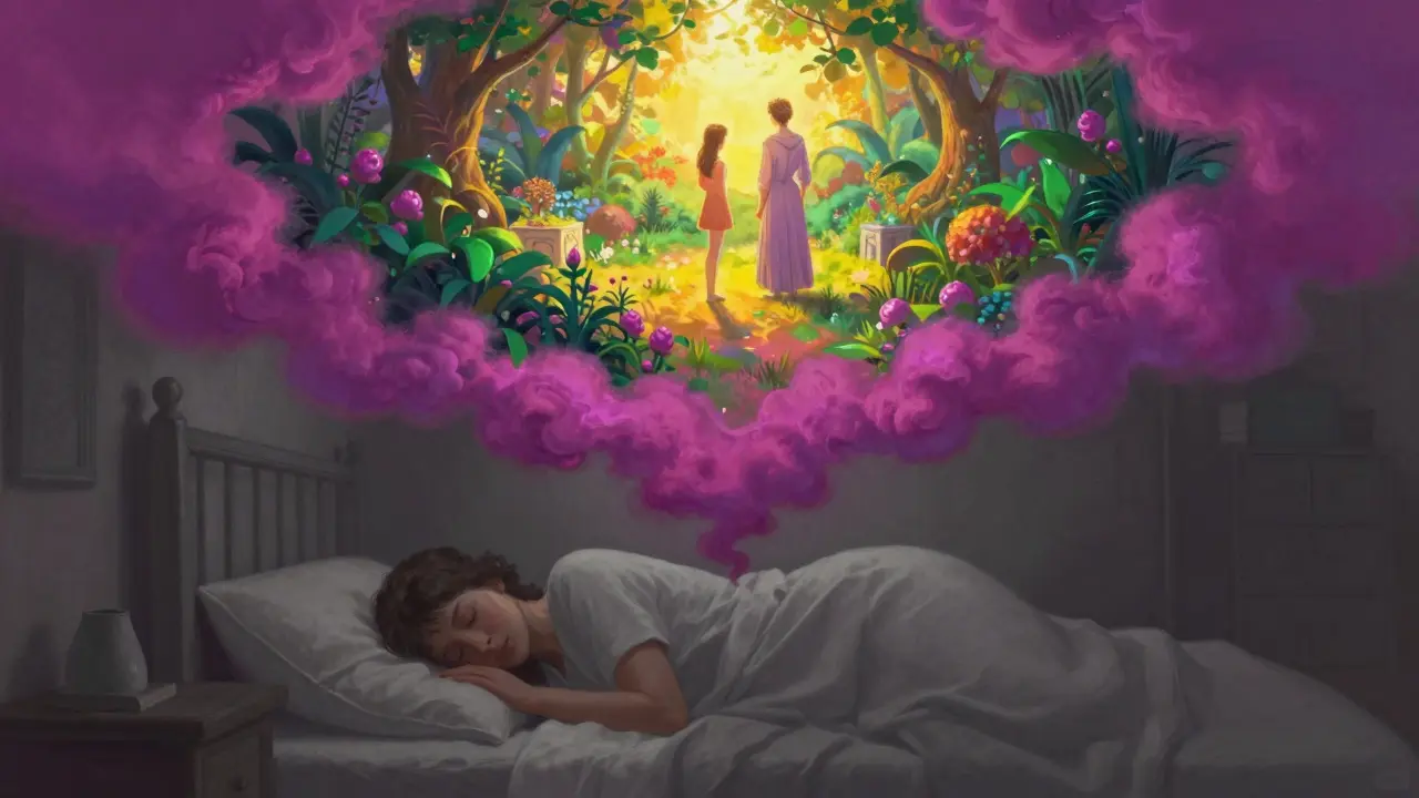 Kresba spící osoby s barevným snem o romantické zahradě nad její hlavou.