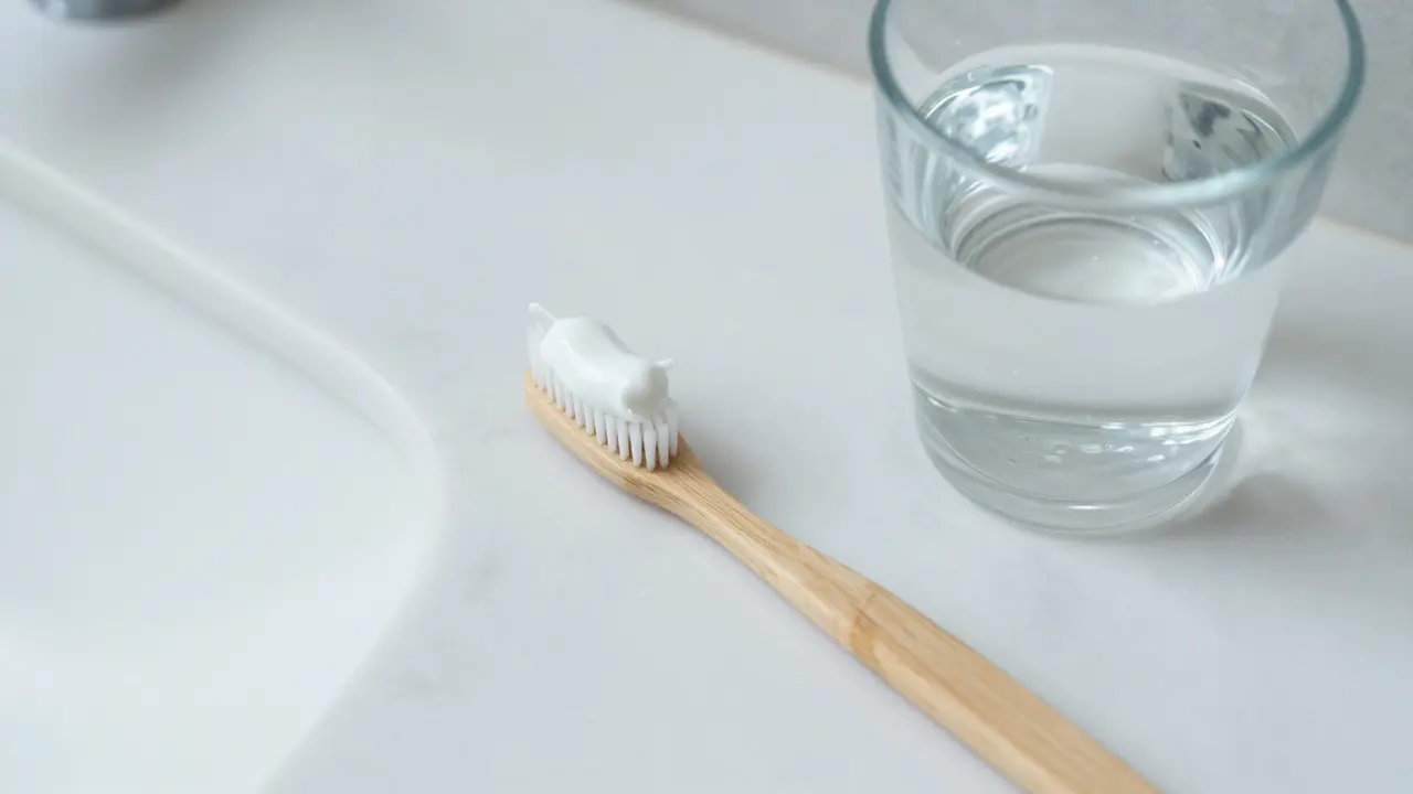 Měkký zubní kartáček a pasta pro citlivé zuby na mramorovém povrchu.