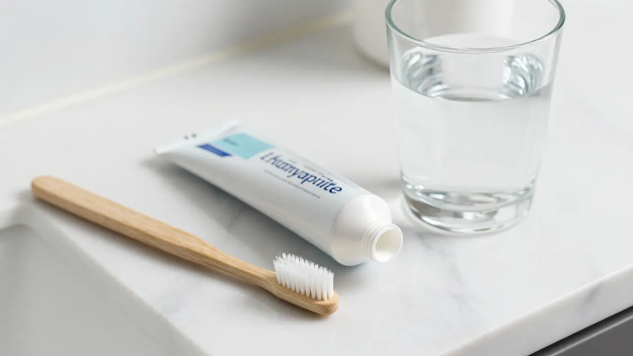 Měkký zubní kartáček a toothpaste na bílém mramoru s vodou.