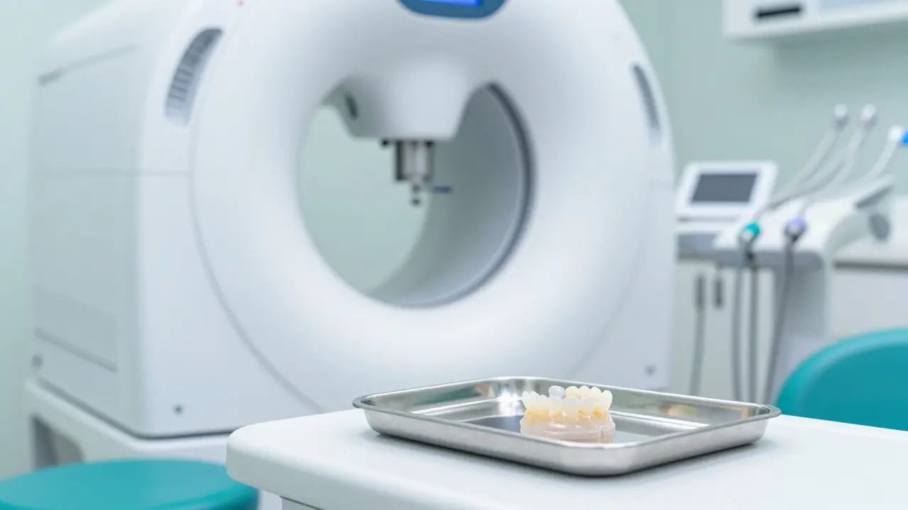 Moderní zubní ordinace s CAD/CAM technologií a hotovou keramickou korunkou.