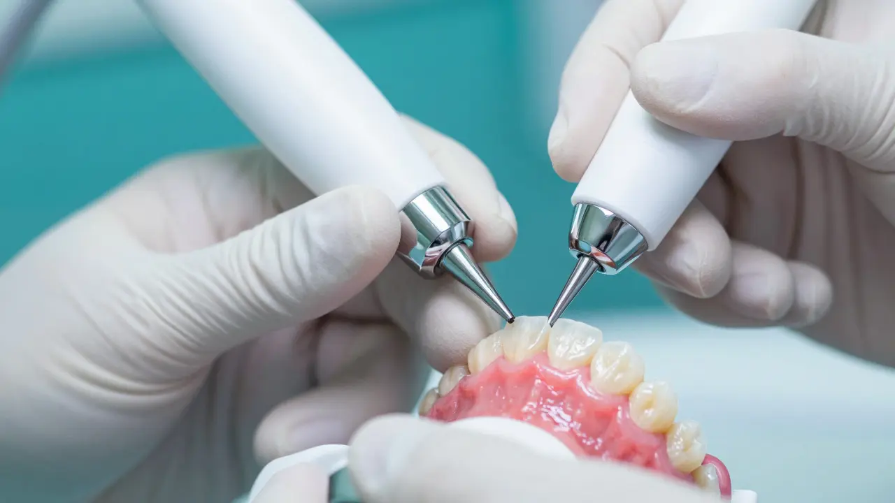 Profesionální čištění a kontrola okrajů zubních fazet u lékaře