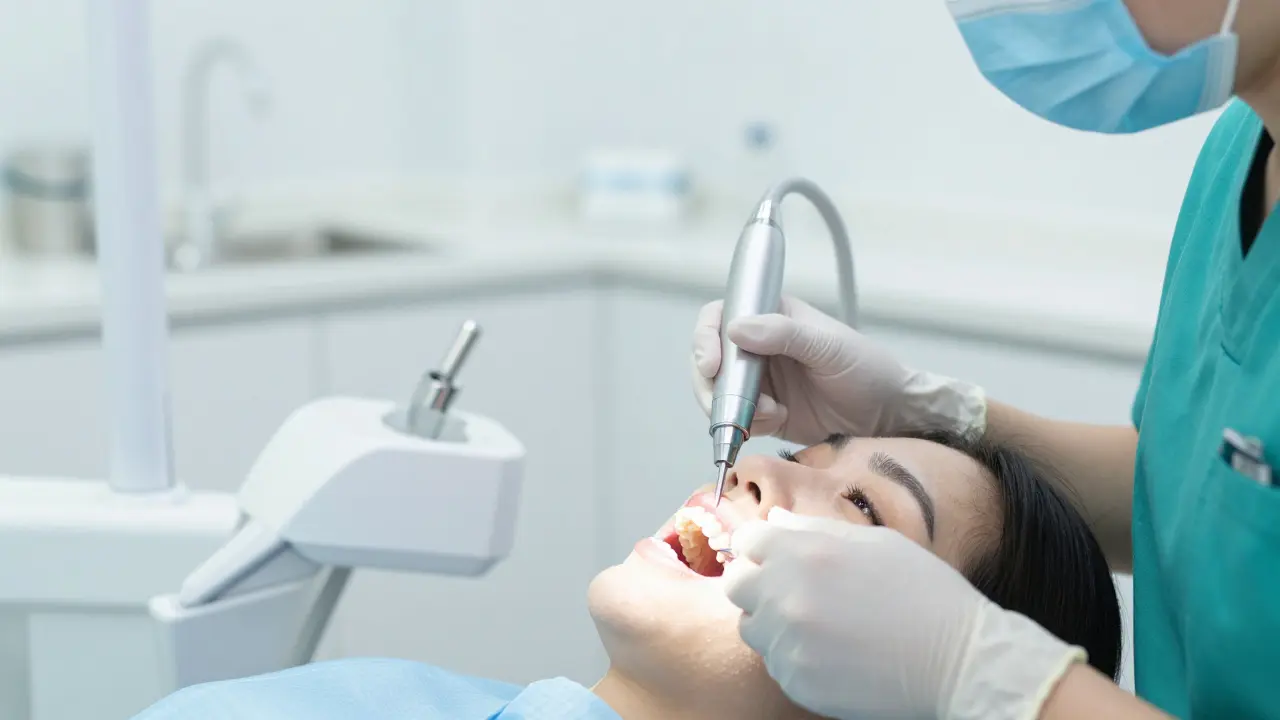 Profesionální čištění zubů pomocí ultrazvuku v moderní dentální klinice.