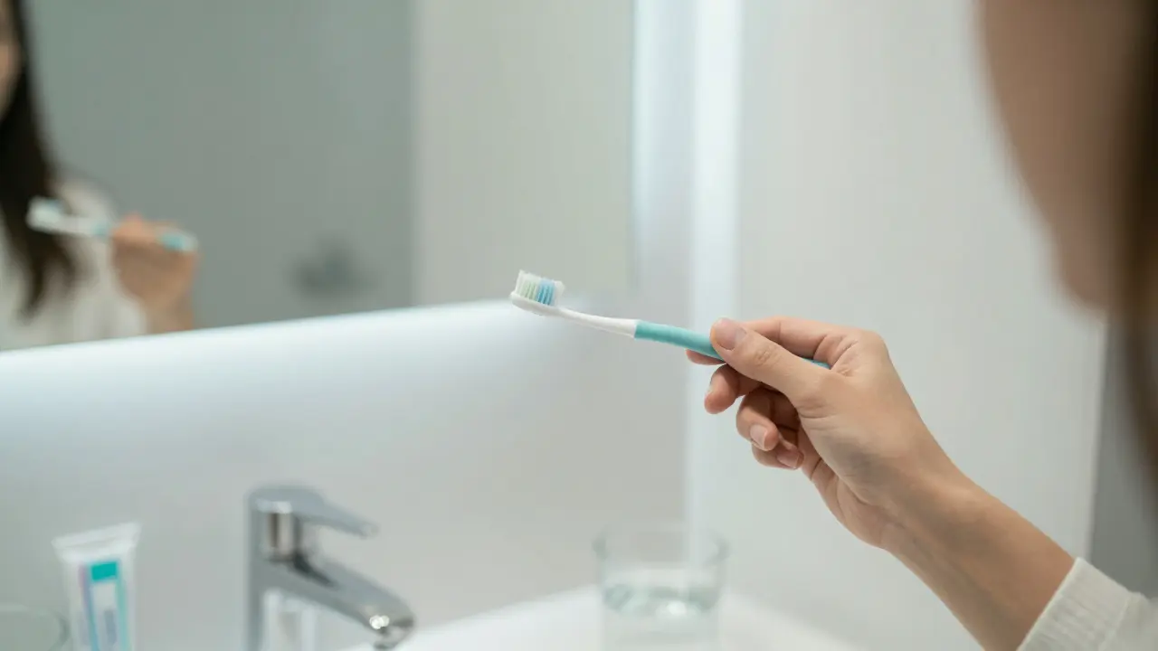 Ruka držící mezizubní kartáček při přípravě na večerní hygienu v koupelně.