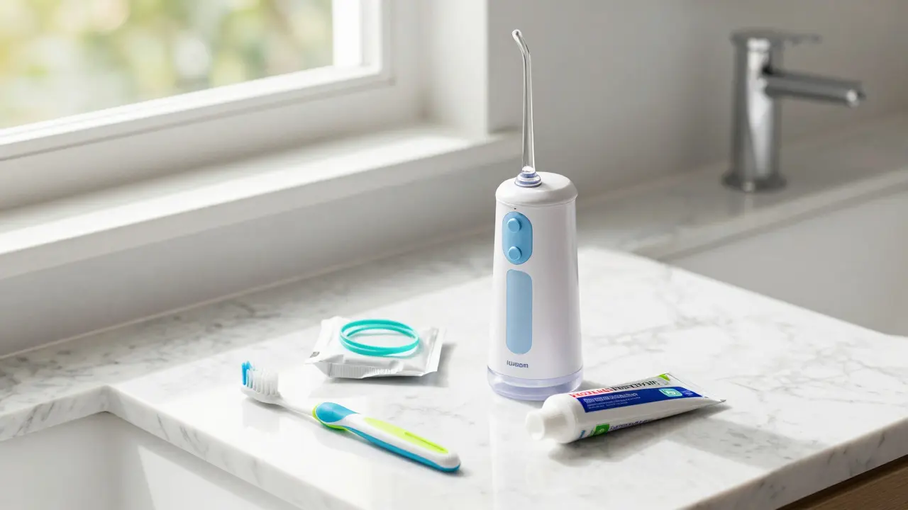 Sada pomůcek pro hygienu rovnátka včetně mezerového kartáčku a irigátoru.