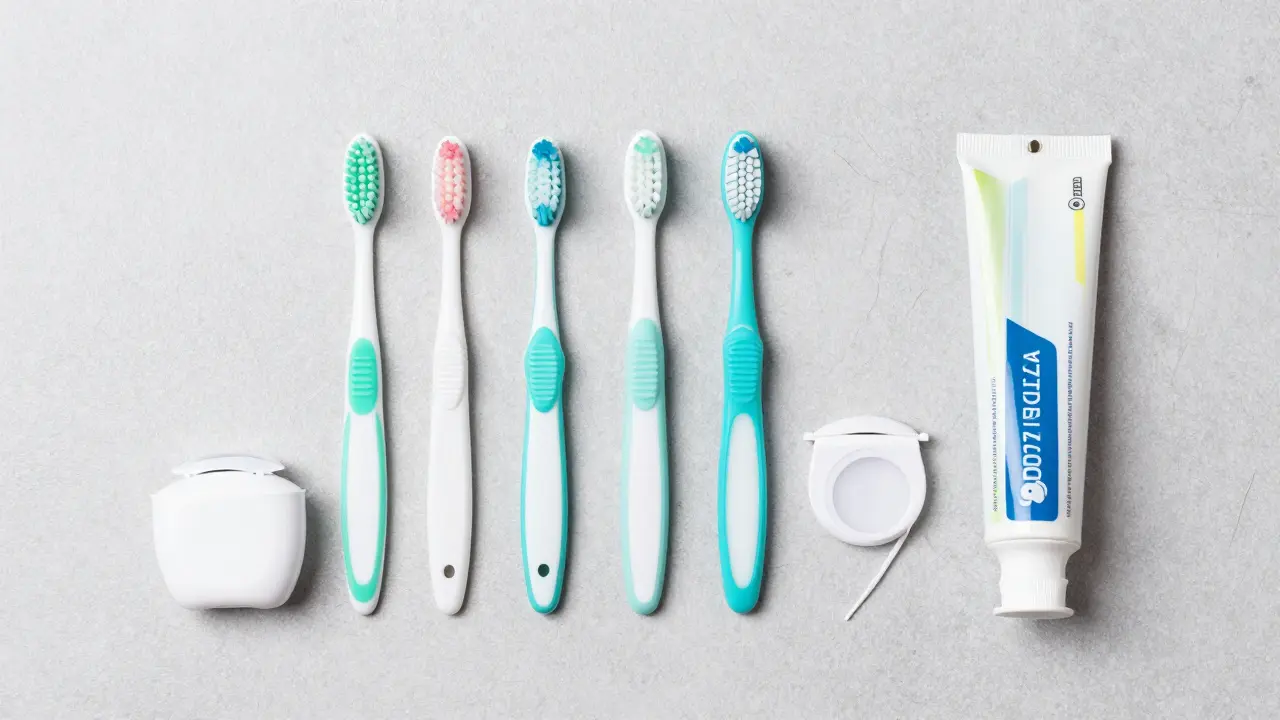 Sada pro kompletní dentální hygienu včetně mezizubních kartáčků a nitě.