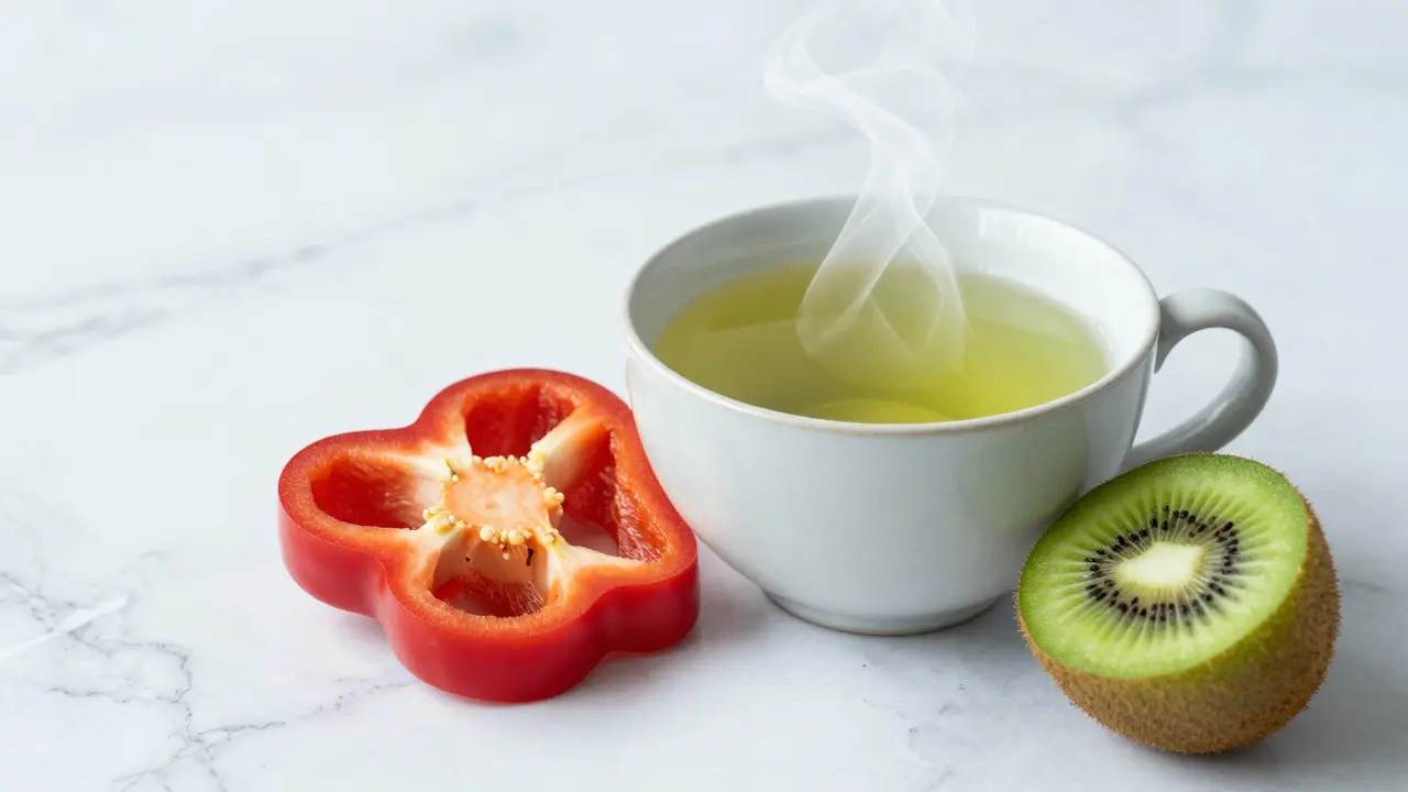 Šálek zeleného čaje, červená paprika a kiwi na mramorovém povrchu.