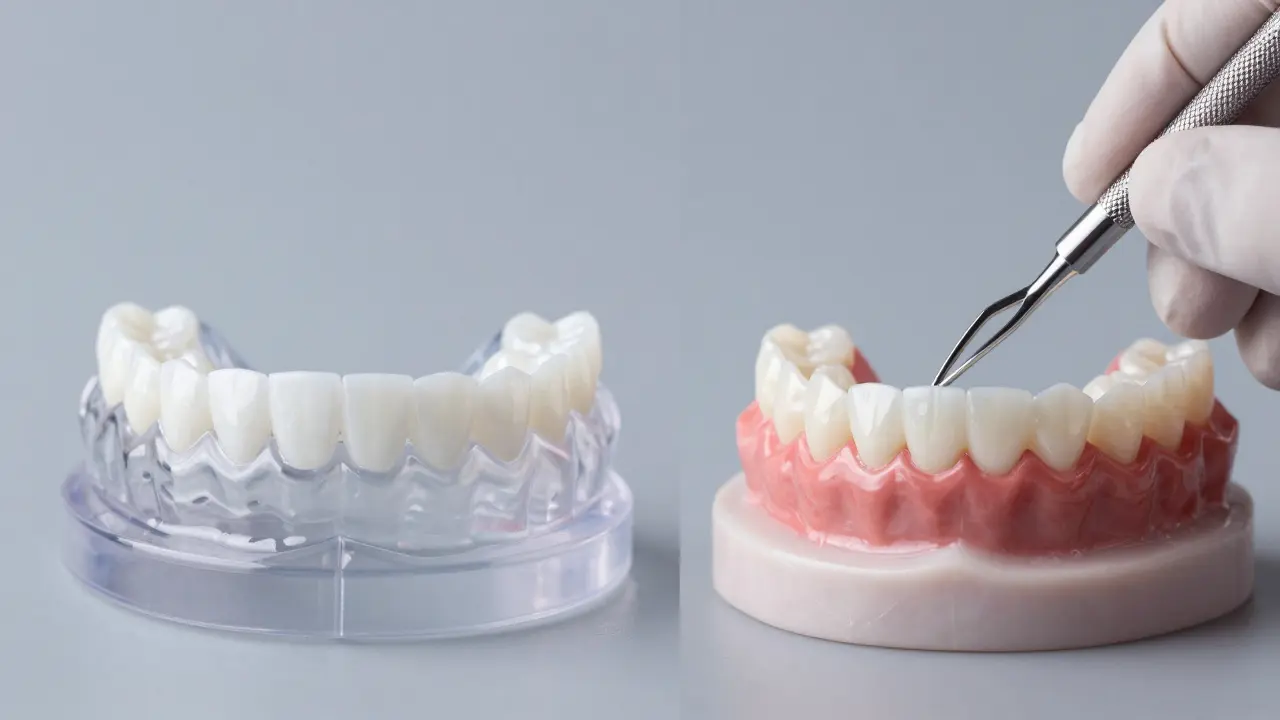 Srovnání levného plastového setu nalepovacích zubů s profesionální keramickou fasetou.